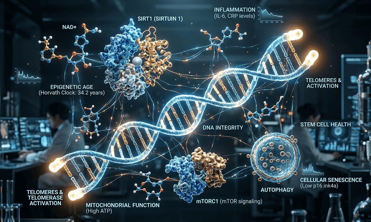 Übersicht der biologischen Longevity-Marker: NAD⁺, Sirtuine, Telomere, mitochondriale Funktion, Autophagie.