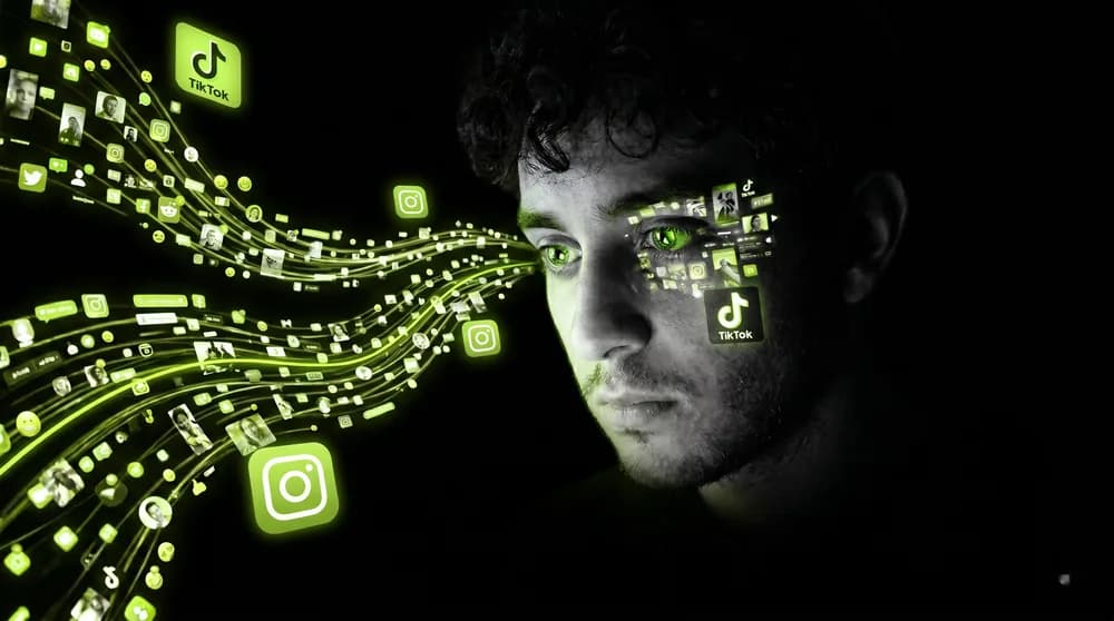 Person in the dark, face lit by screen light, abstract stimulus streams — digital overstimulation and dopamine.