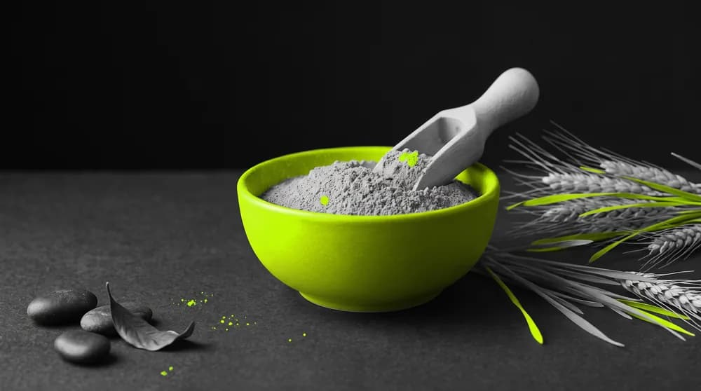 Hierba de cebada fresca y polvo verde de hierba de cebada en un cuenco con cuchara medidora sobre una superficie oscura