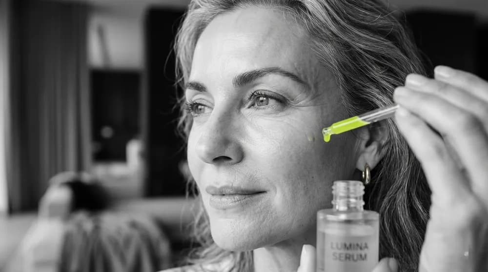 A mature woman applying a skin serum — slowing skin aging through sun protection, skincare, and collagen