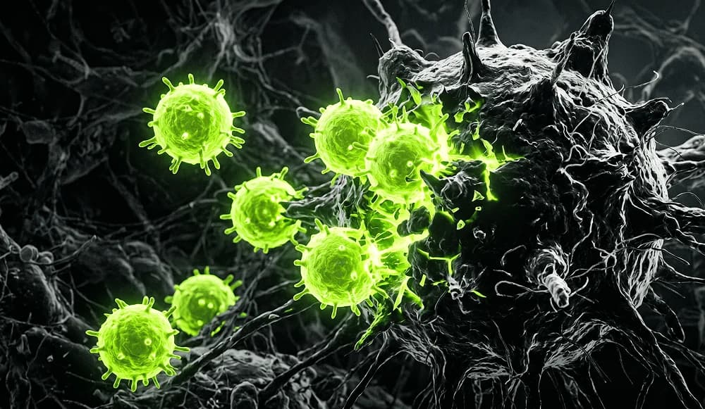 Immune cells attacking a cancer cell — microscopic visualization