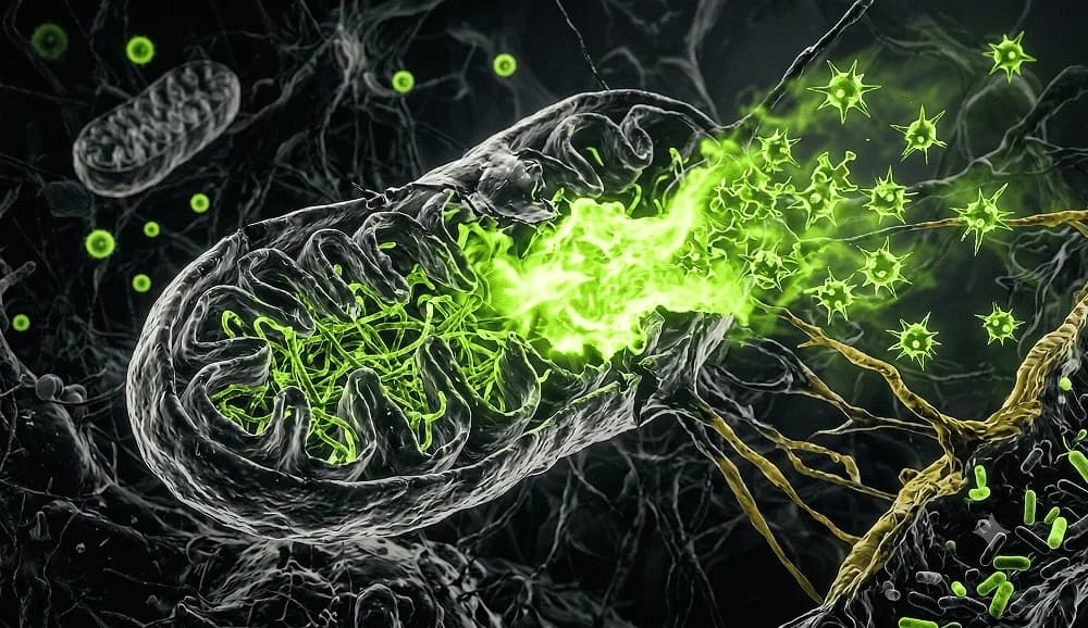Mitochondria rendered in red — the cell's power plants at the heart of the metabolic theory of cancer