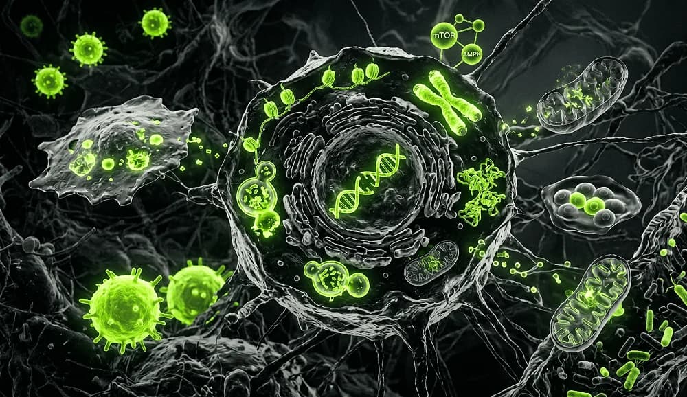 Overview of biological longevity markers: NAD+, sirtuins, telomeres, mitochondrial function, autophagy.