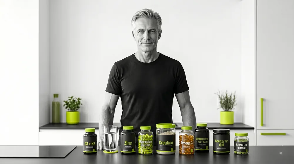 A fit man in his early 60s in a bright kitchen behind a curated row of longevity supplements (D3+K2, magnesium, omega-3, creatine, CoQ10, green tea)