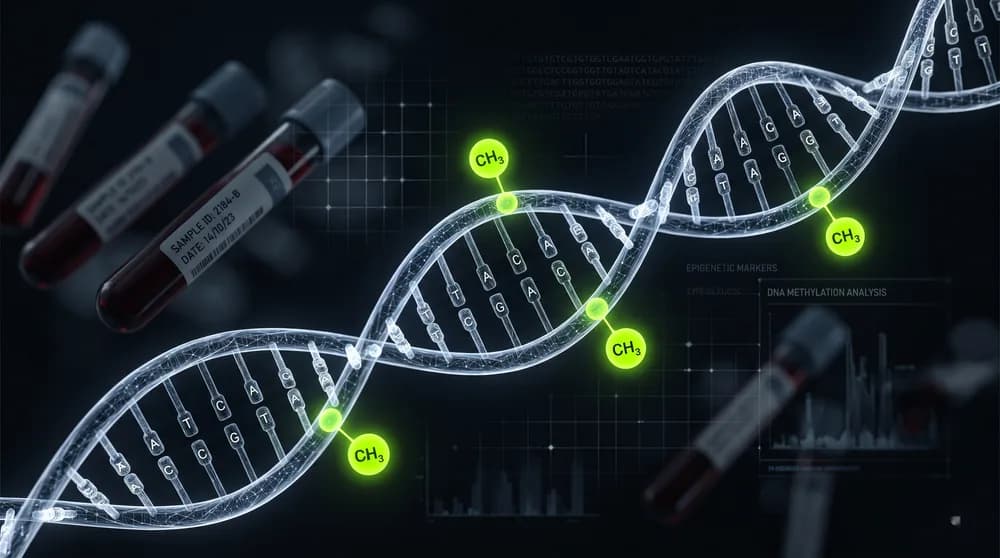 Abstrakte DNA-Helix mit Methylgruppen und Blutwerten — Methylierung, Genvarianten und Nährstoffmängel.