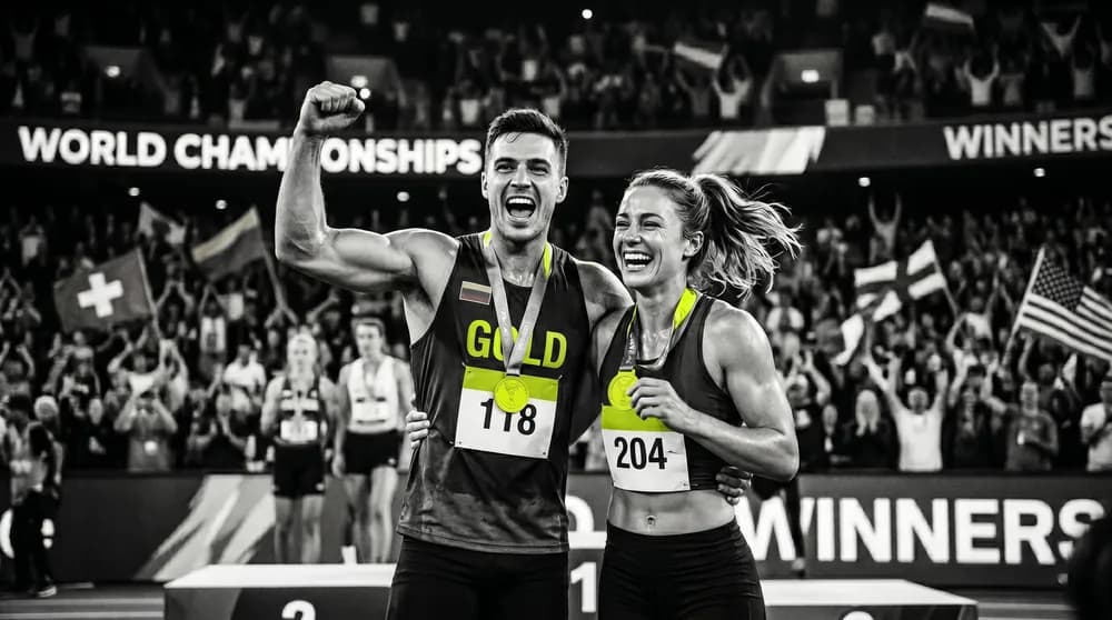 Two athletes celebrating a win at a world championship — success built on consistent systems