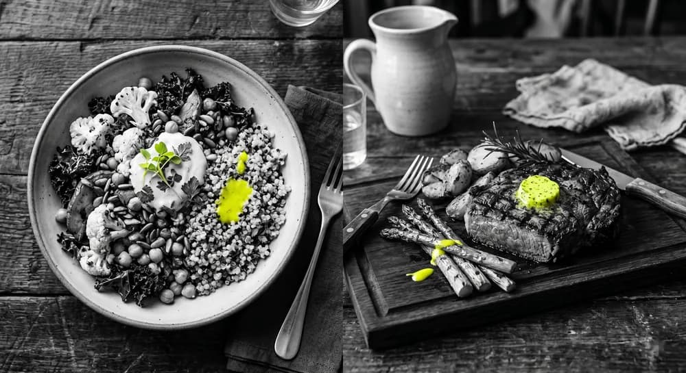Still life of nutrient-dense whole foods — eggs, sardines, liver, berries, leafy greens