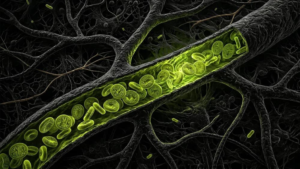 Red blood cells streaming through a vessel — nitric oxide controls how wide vessels open