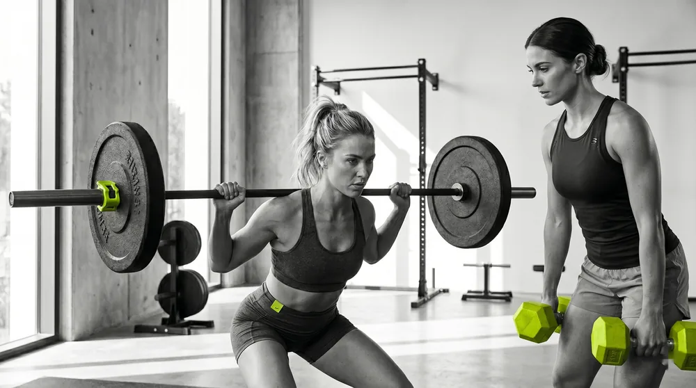 Two athletic women strength training (barbell squat, dumbbells) — aligning training and nutrition with the hormonal cycle