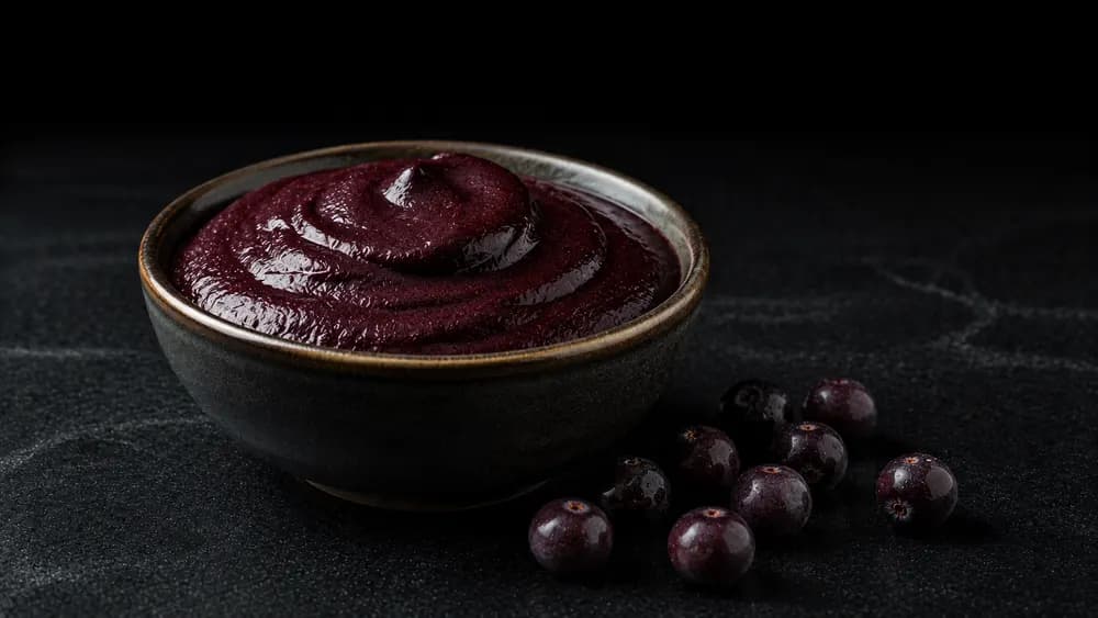 Açaí-Püree mit dunklen Açaí-Beeren auf dunklem Steinuntergrund
