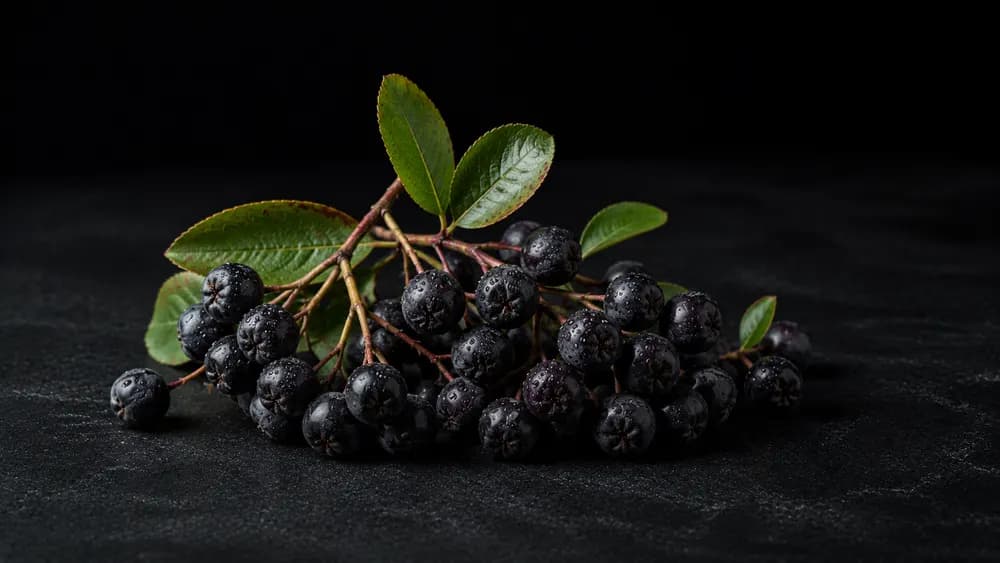 Dunkle Aroniabeeren auf dunklem Steinuntergrund