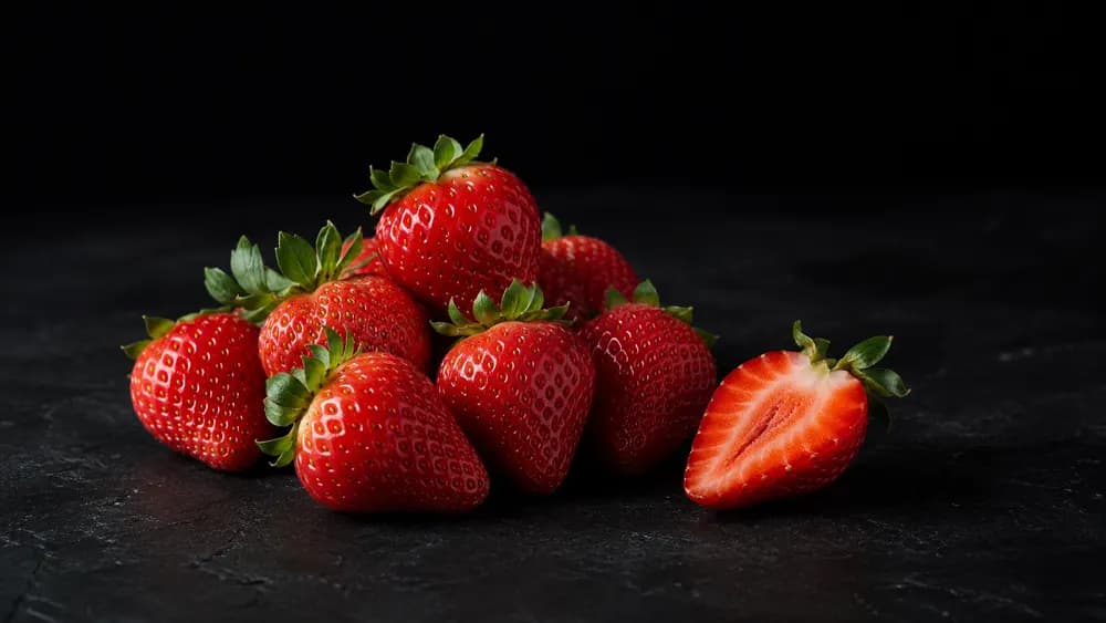 Frische Erdbeeren auf dunklem Steinuntergrund