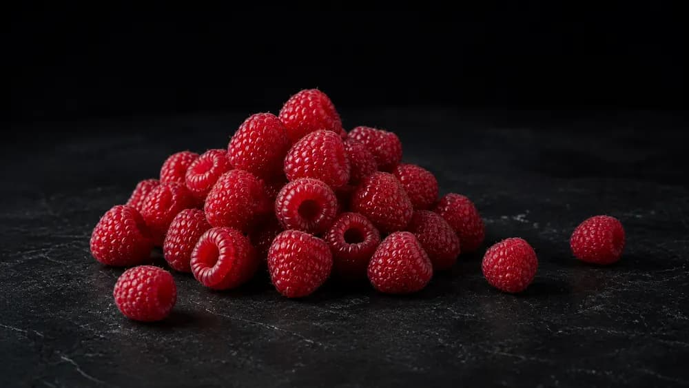 Frische Himbeeren auf dunklem Steinuntergrund