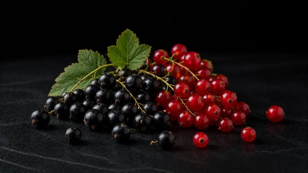 Rispen schwarzer und roter Johannisbeeren auf dunklem Steinuntergrund