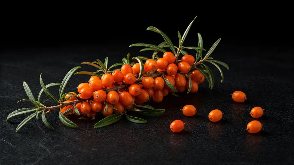 Leuchtend orange Sanddornbeeren am Zweig auf dunklem Steinuntergrund