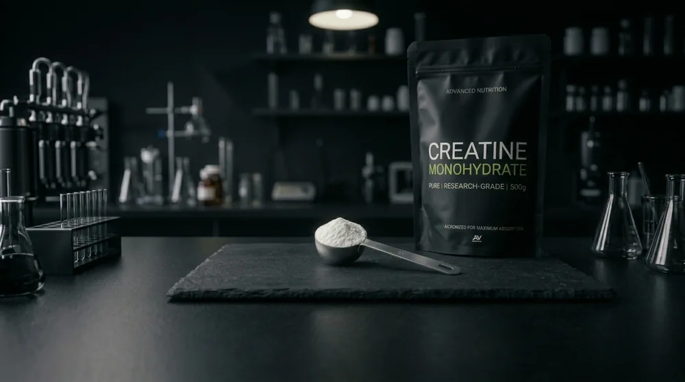 A scoop of white creatine monohydrate powder on a dark surface next to a faint molecular structure.