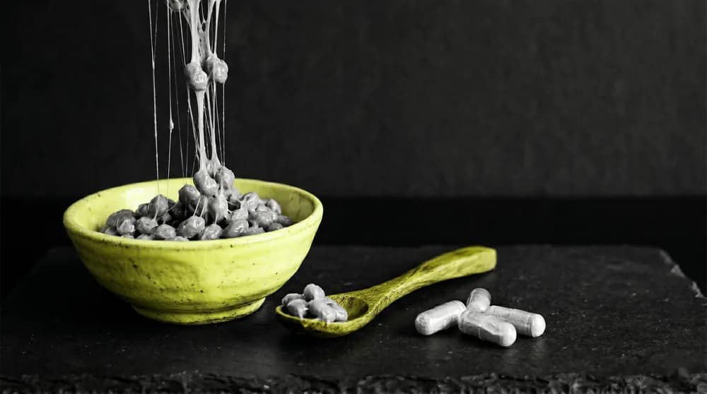 Cuenco de soja fermentada (natto) con su textura pegajosa y filamentosa junto a cápsulas de nattoquinasa sobre una superficie oscura