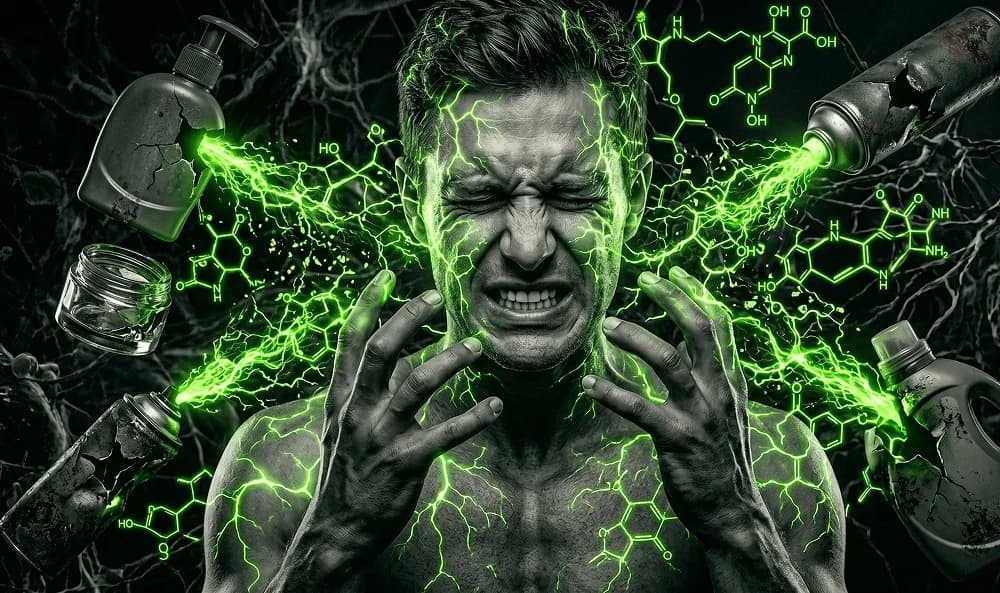 Person surrounded by everyday chemical icons — symbol of daily toxin exposure