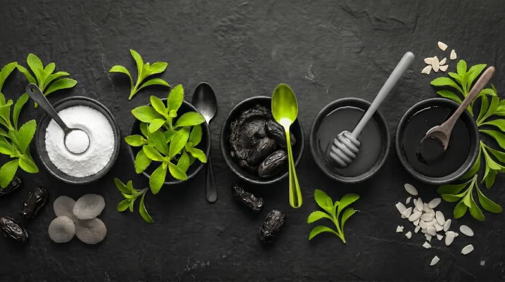 Verschiedene Zuckeralternativen nebeneinander — Erythrit, Xylit, Stevia, Dattelmus, Honig im ehrlichen Vergleich